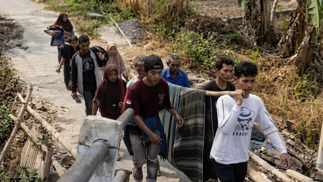 Warga sakit ditandu melewati Jembatan Keruhbehet yang rusak di Desa Mlayang Sirampog Brebes