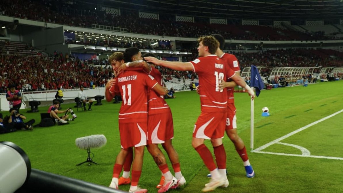 Selebrasi pemain Timnas Indonesia usai mencetak gol ke gawang Singapura di FIFA ASEAN Cup 2026