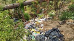 Sampah plastik dan bungkus kemasan dapur berserakan di kawasan hutan Desa Sridadi, Sirampog, Brebes.