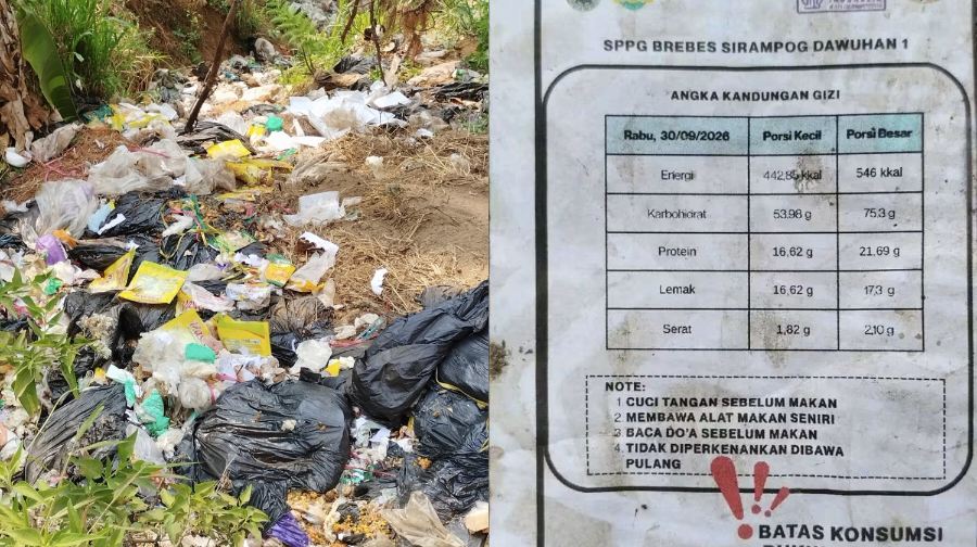 Tumpukan sampah plastik dan kemasan dapur di kawasan hutan Desa Sridadi, Sirampog, Brebes.