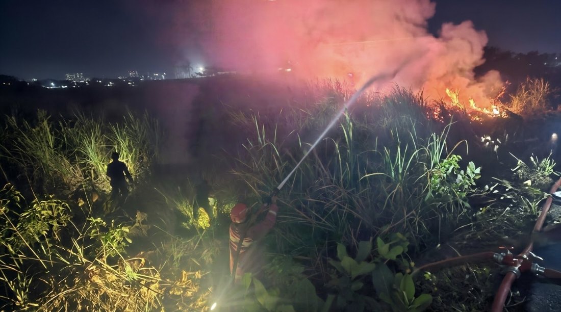 Petugas Damkar Brebes melakukan pemadaman api yang membakar lahan di Desa Pesantunan, Kecamatan Wanasari, Kabupaten Brebes.